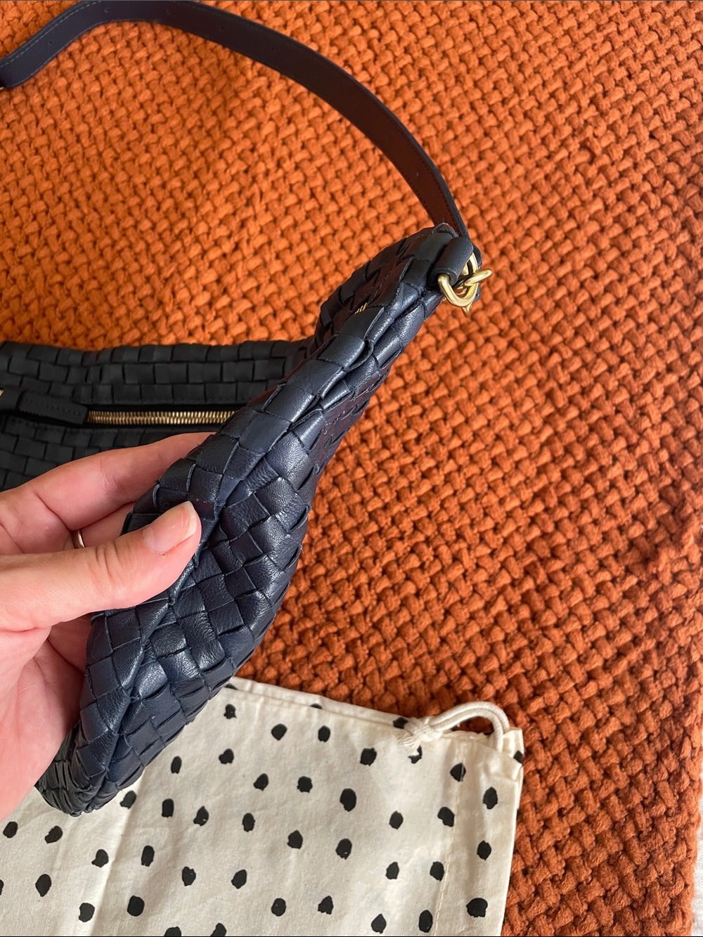 Clare V Navy Woven Crescent Crossbody with Gold Charm - Picture 3 of 6